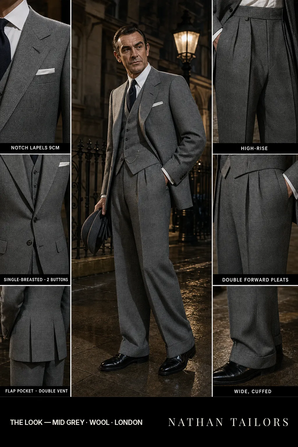 mid grey glen plaid single-breasted notch-lapel bespoke suit โ AI-rendered by Nathan Tailors, the Hoi An custom tailor. Available as a custom tailored suit from $149.