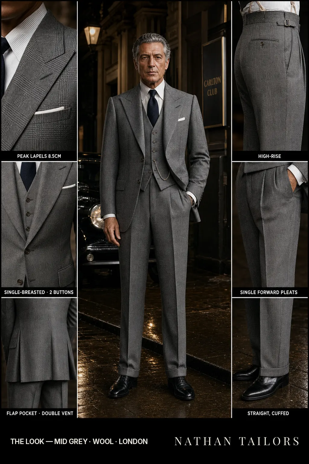 mid grey glen plaid single-breasted peak-lapel bespoke suit — AI-rendered by Nathan Tailors, the Hoi An custom tailor. Available as a custom tailored suit from $149.