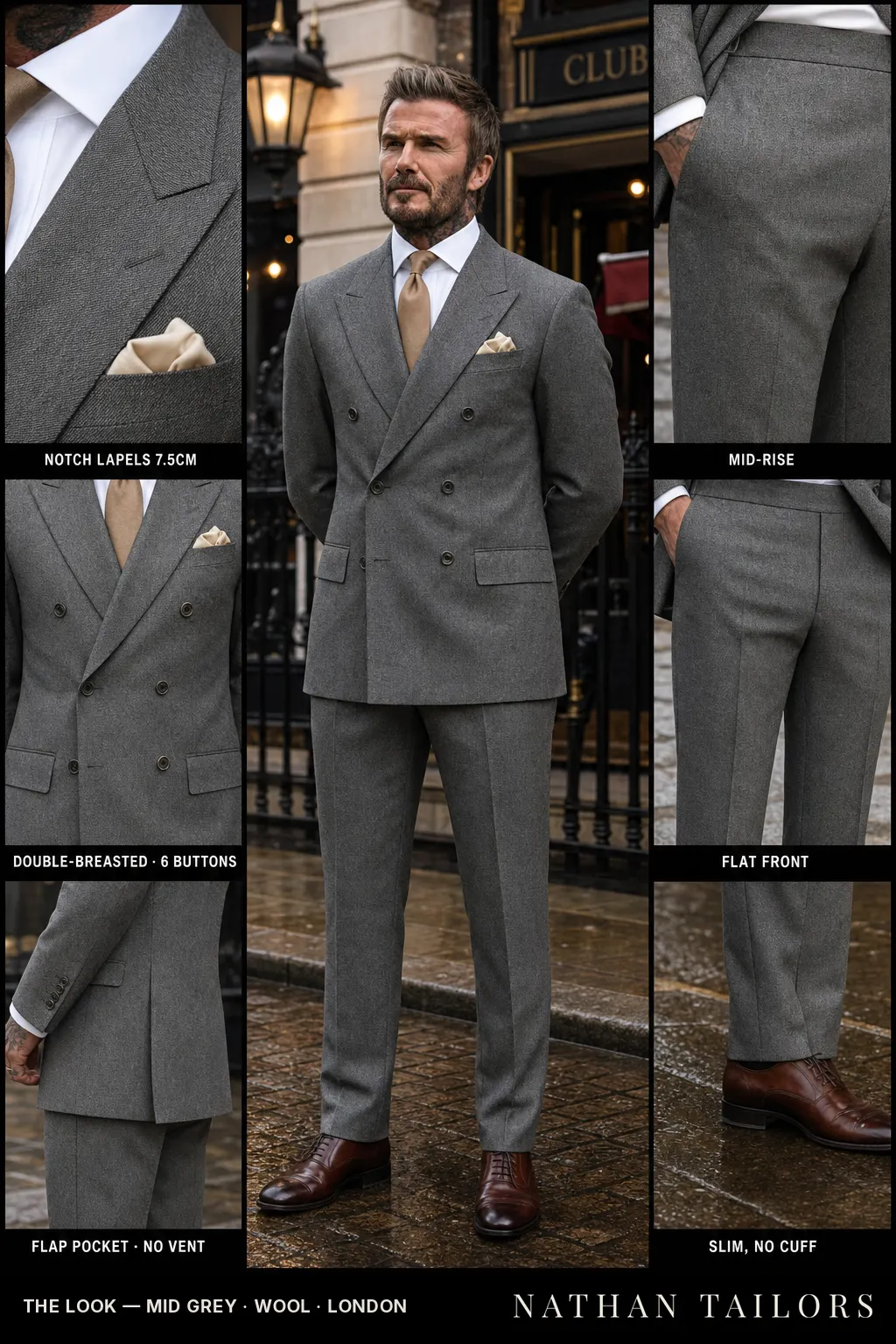 mid grey herringbone double-breasted notch-lapel bespoke suit — AI-rendered by Nathan Tailors, the Hoi An custom tailor. Available as a custom tailored suit from $149.