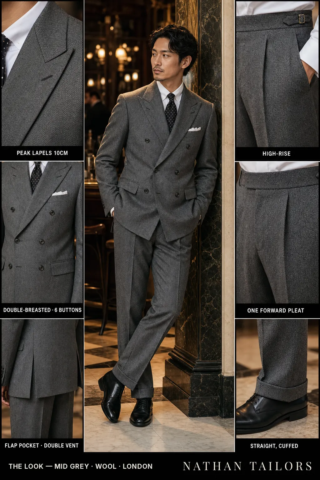 mid grey herringbone double-breasted peak-lapel bespoke suit — AI-rendered by Nathan Tailors, the Hoi An custom tailor. Available as a custom tailored suit from $149.