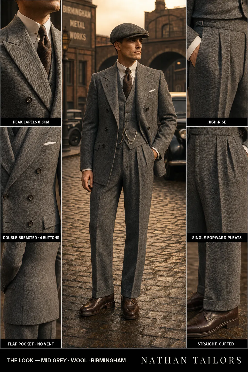 mid grey herringbone double-breasted peak-lapel bespoke suit โ AI-rendered by Nathan Tailors, the Hoi An custom tailor. Available as a custom tailored suit from $149.