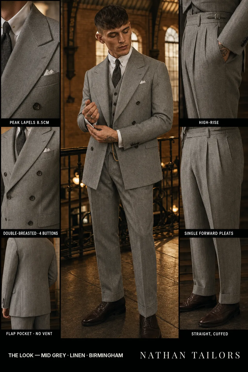 mid grey herringbone double-breasted peak-lapel bespoke suit โ AI-rendered by Nathan Tailors, the Hoi An custom tailor. Available as a custom tailored suit from $149.