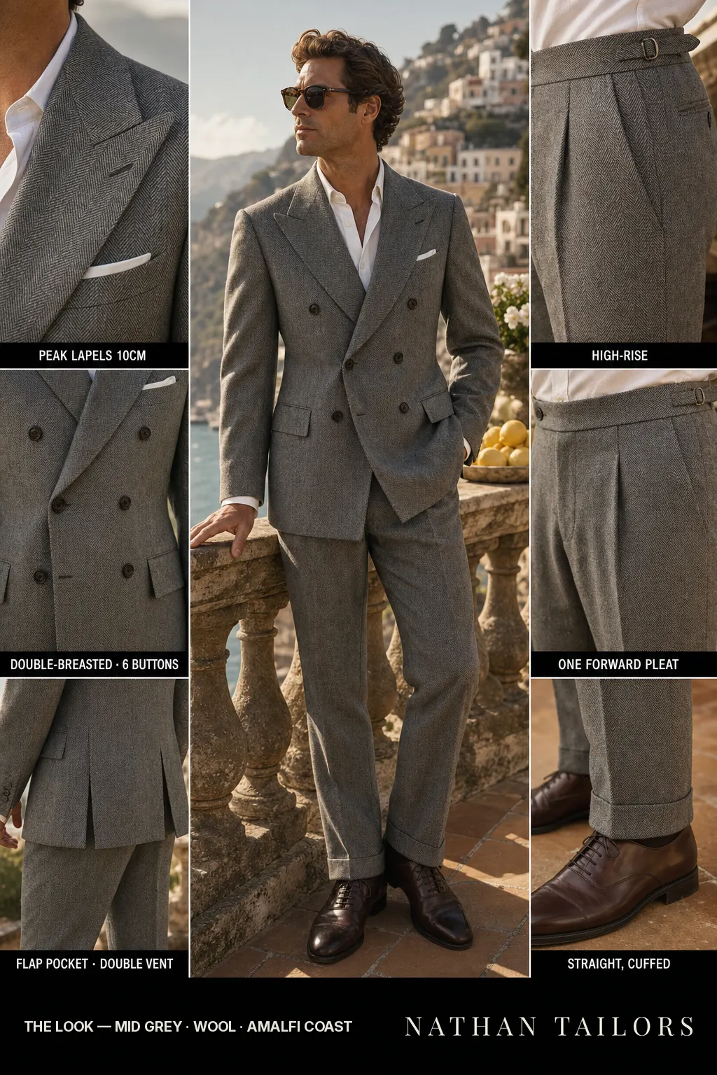 mid grey herringbone double-breasted peak-lapel bespoke suit — AI-rendered by Nathan Tailors, the Hoi An custom tailor. Available as a custom tailored suit from $149.