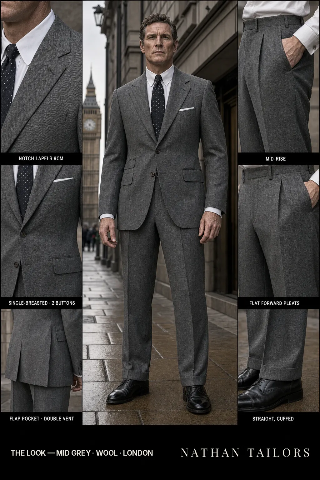 mid grey herringbone single-breasted notch-lapel bespoke suit — AI-rendered by Nathan Tailors, the Hoi An custom tailor. Available as a custom tailored suit from $149.