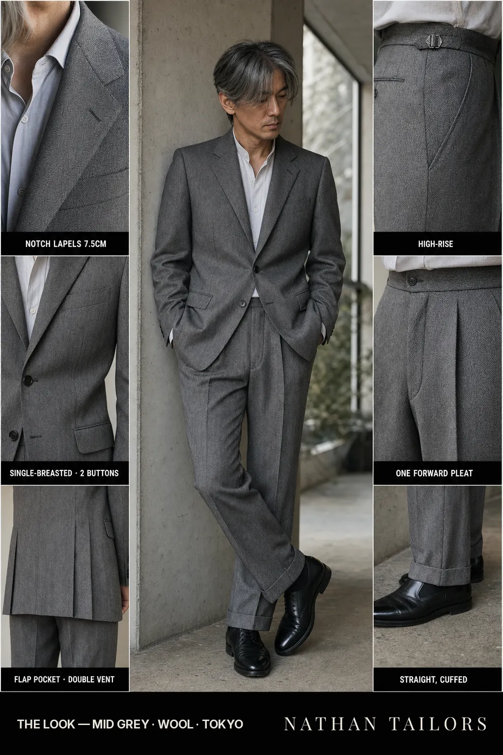 mid grey herringbone single-breasted notch-lapel bespoke suit โ AI-rendered by Nathan Tailors, the Hoi An custom tailor. Available as a custom tailored suit from $149.