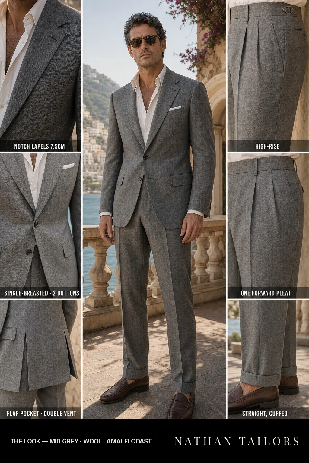 mid grey herringbone single-breasted notch-lapel bespoke suit โ AI-rendered by Nathan Tailors, the Hoi An custom tailor. Available as a custom tailored suit from $149.