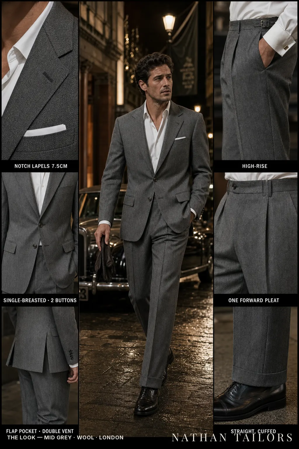 mid grey herringbone single-breasted notch-lapel bespoke suit โ AI-rendered by Nathan Tailors, the Hoi An custom tailor. Available as a custom tailored suit from $149.