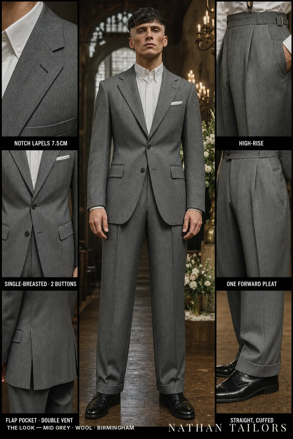 mid grey herringbone single-breasted notch-lapel bespoke suit โ AI-rendered by Nathan Tailors, the Hoi An custom tailor. Available as a custom tailored suit from $149.