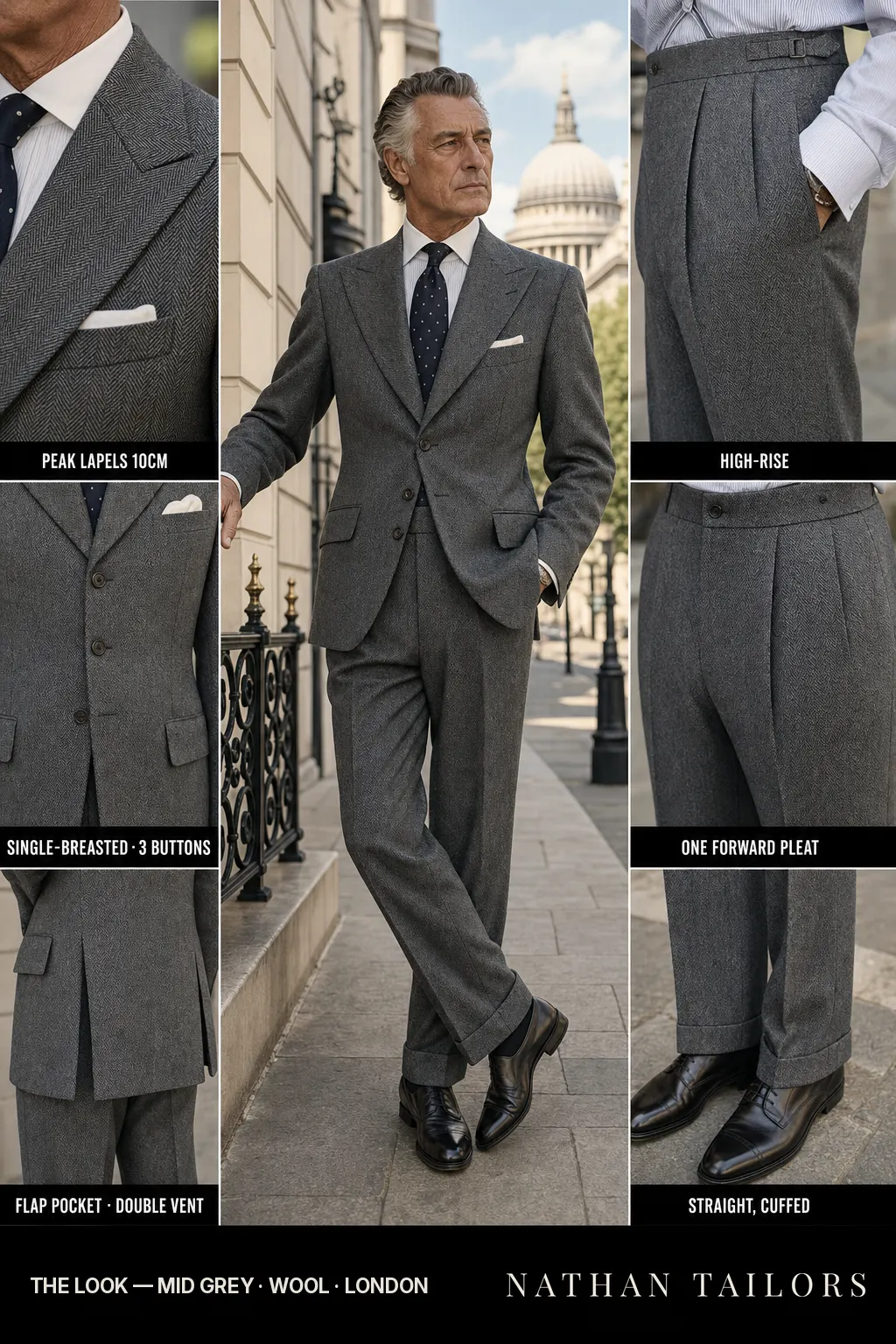 mid grey herringbone single-breasted peak-lapel bespoke suit โ AI-rendered by Nathan Tailors, the Hoi An custom tailor. Available as a custom tailored suit from $149.