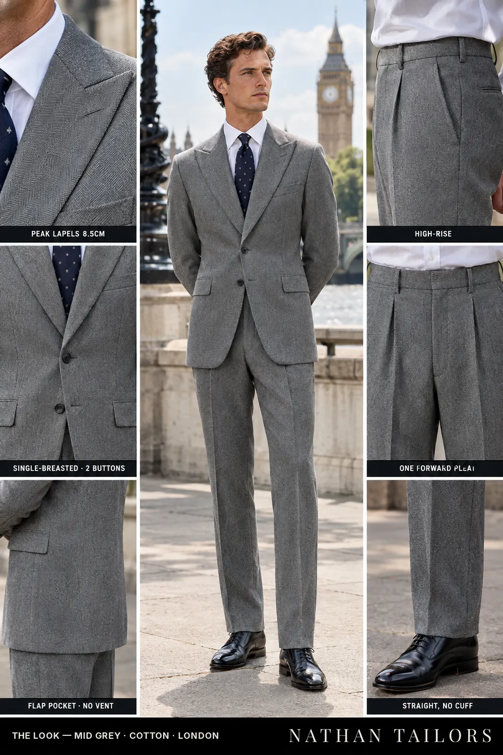mid grey herringbone single-breasted bespoke suit โ custom tailored by Nathan Tailors, the Hoi An custom tailor