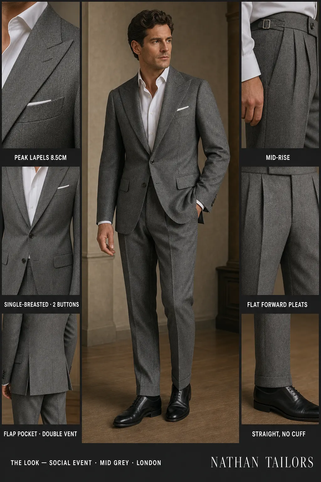 mid grey herringbone single-breasted peak-lapel bespoke suit โ AI-rendered by Nathan Tailors, the Hoi An custom tailor. Available as a custom tailored suit from $149.