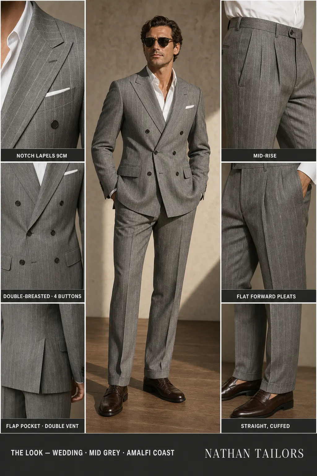 mid grey pinstripe double-breasted notch-lapel bespoke suit — AI-rendered by Nathan Tailors, the Hoi An custom tailor. Available as a custom tailored suit from $149.