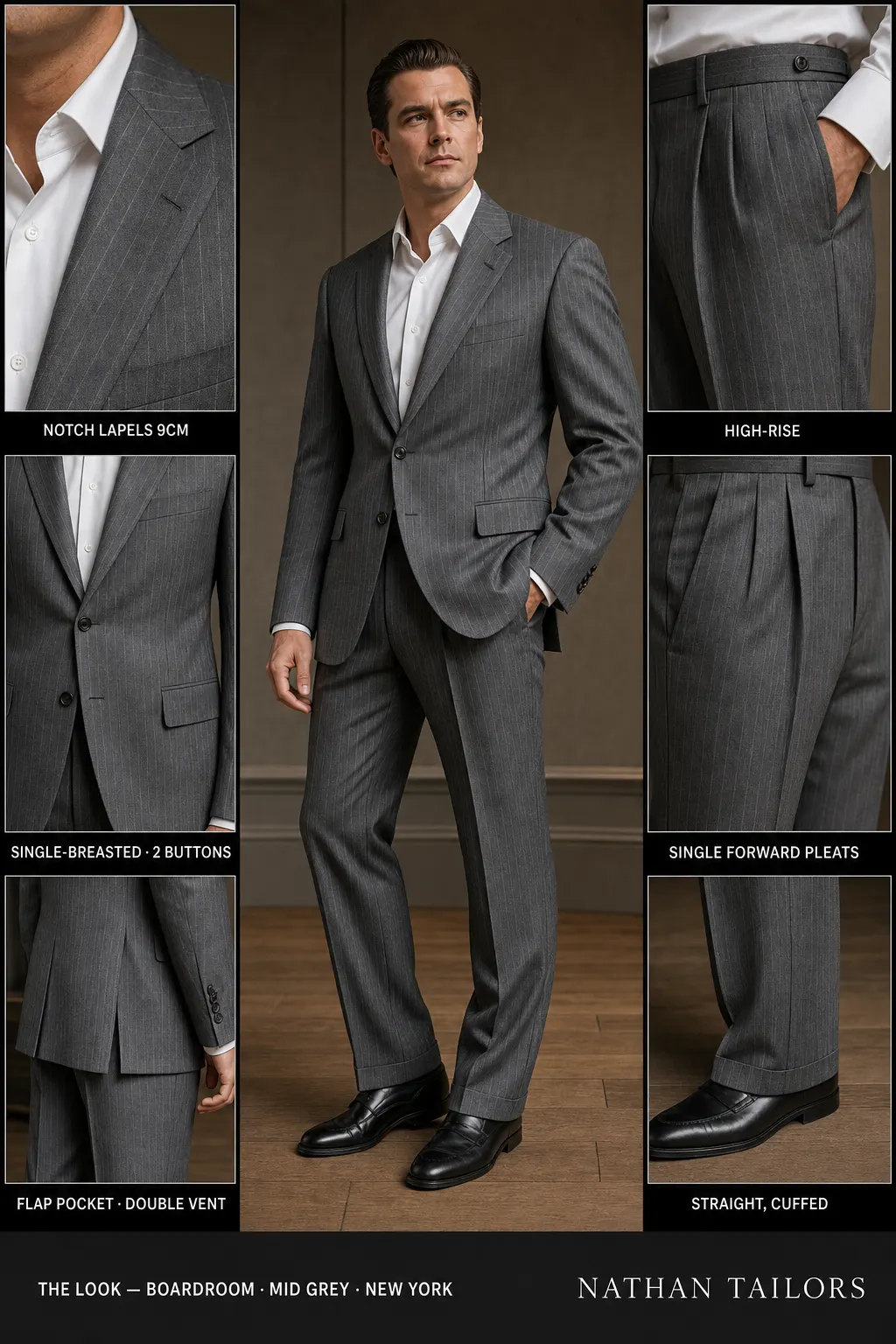 mid grey pinstripe single-breasted notch-lapel bespoke suit — AI-rendered by Nathan Tailors, the Hoi An custom tailor. Available as a custom tailored suit from $149.