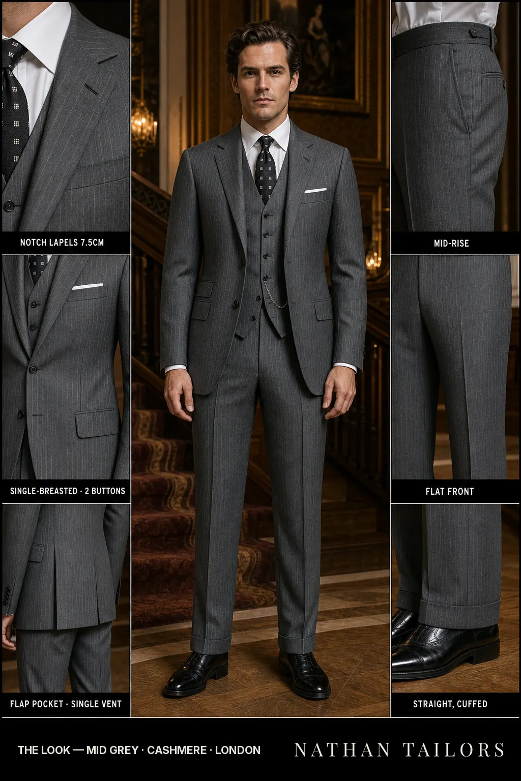 mid grey pinstripe single-breasted bespoke suit — custom tailored by Nathan Tailors, the Hoi An custom tailor