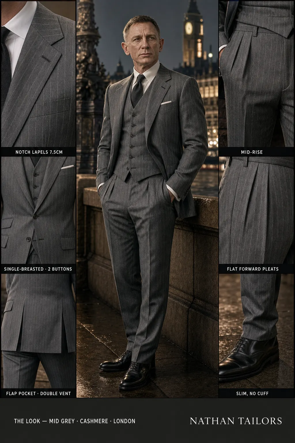 mid grey pinstripe single-breasted notch-lapel bespoke suit — AI-rendered by Nathan Tailors, the Hoi An custom tailor. Available as a custom tailored suit from $169.