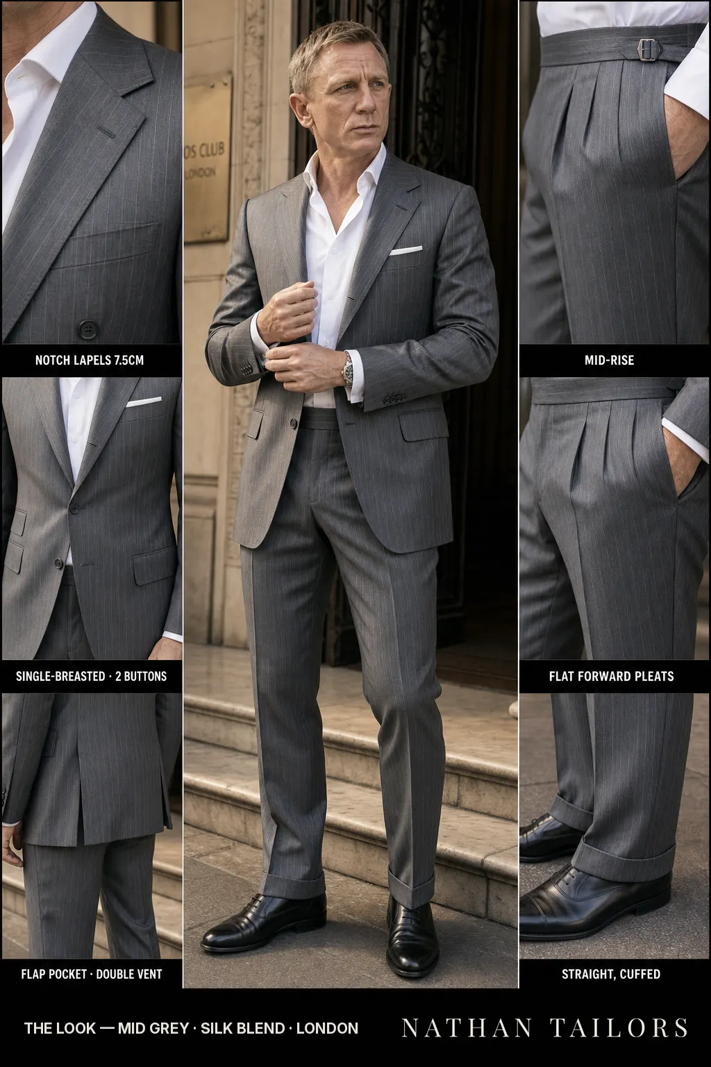 mid grey pinstripe single-breasted notch-lapel bespoke suit — AI-rendered by Nathan Tailors, the Hoi An custom tailor. Available as a custom tailored suit from $149.