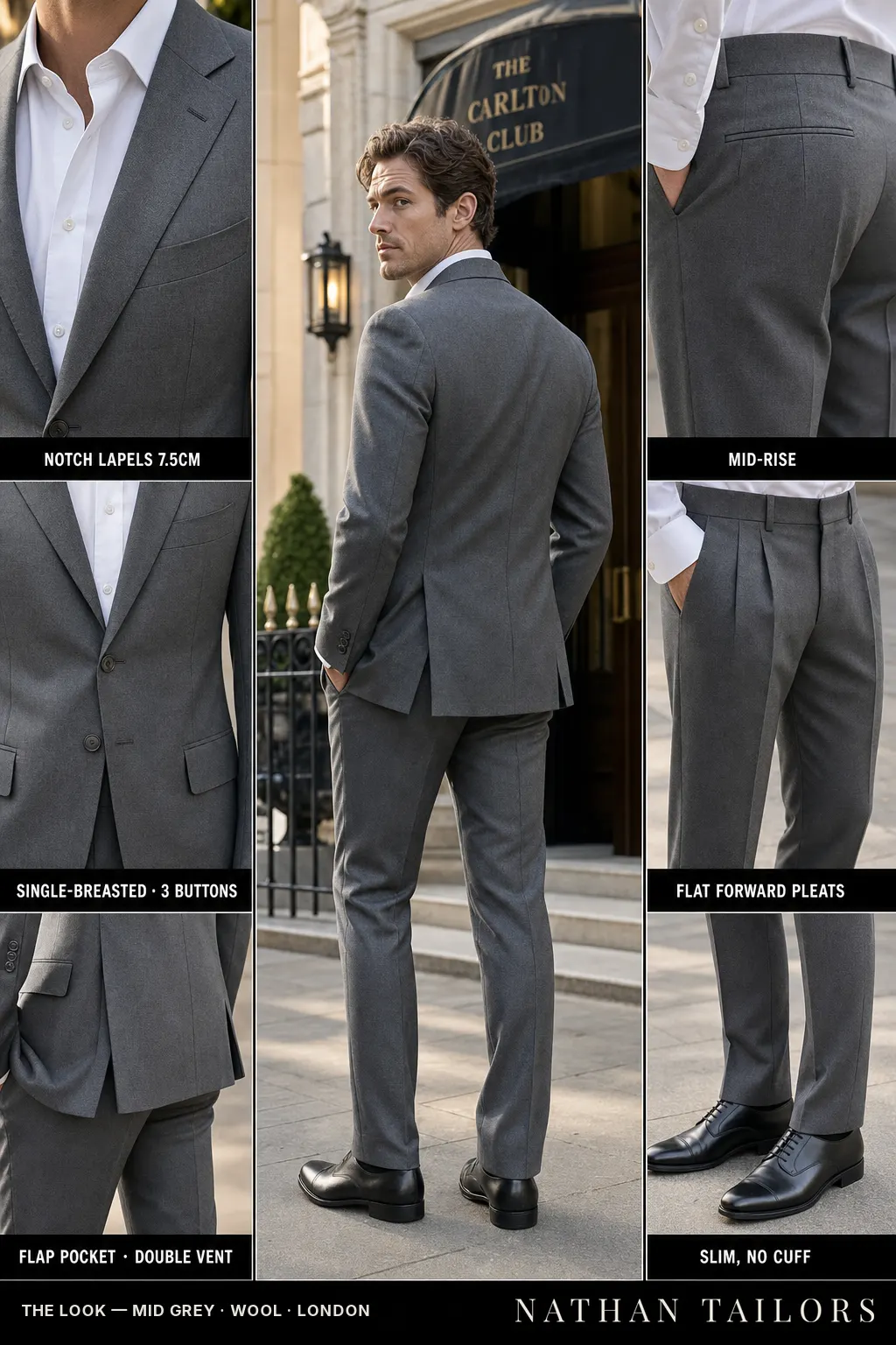 mid grey single-breasted notch-lapel bespoke suit — AI-rendered by Nathan Tailors, the Hoi An custom tailor. Available as a custom tailored suit from $149.