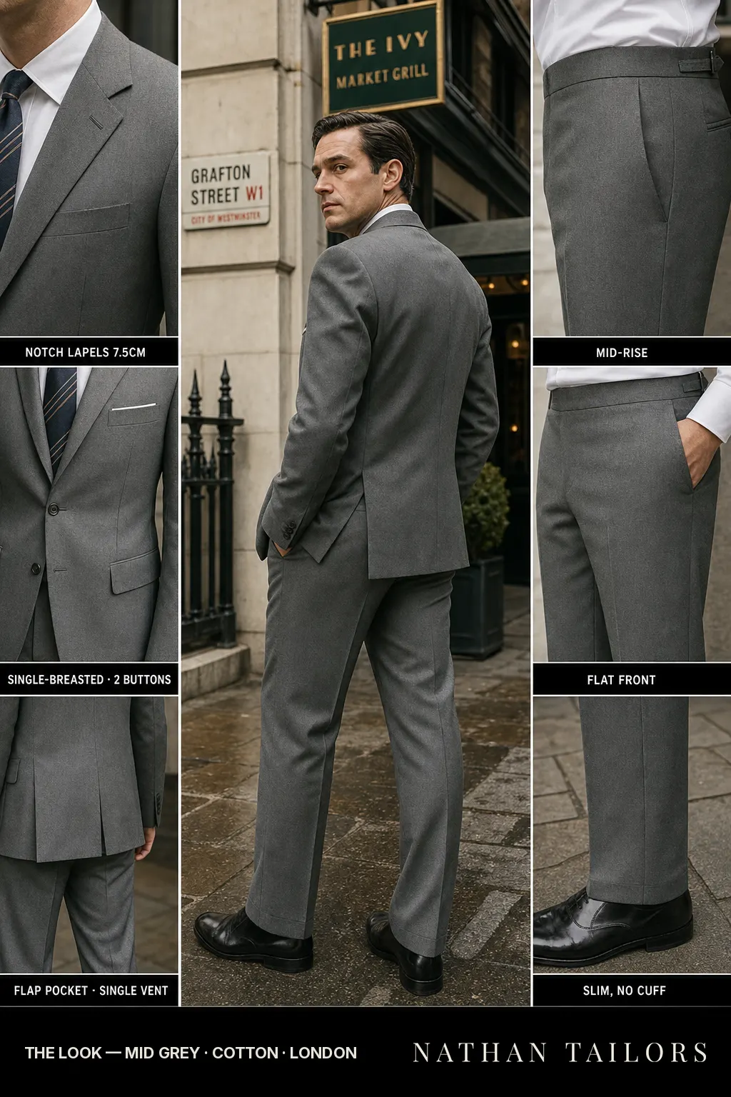 mid grey single-breasted notch-lapel bespoke suit — AI-rendered by Nathan Tailors, the Hoi An custom tailor. Available as a custom tailored suit from $149.