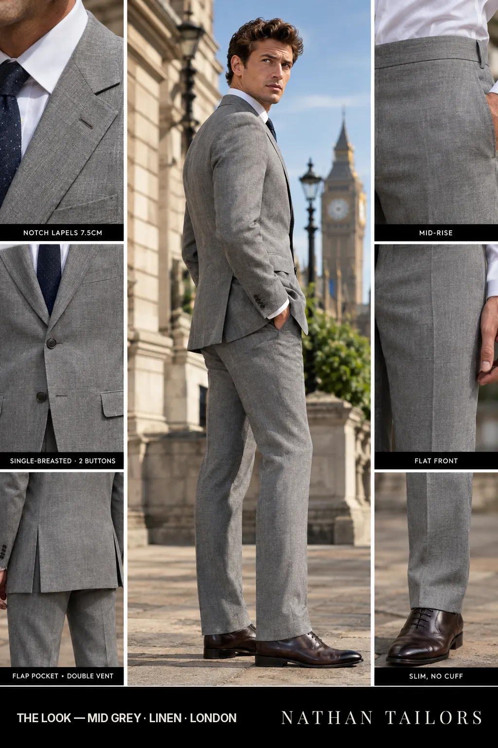 mid grey single-breasted bespoke suit — custom tailored by Nathan Tailors, the Hoi An custom tailor