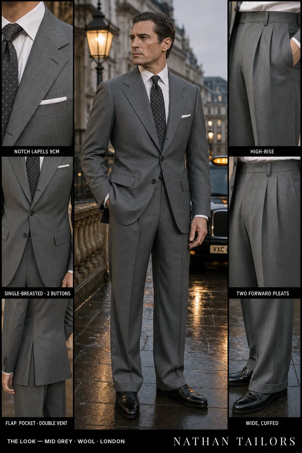 mid grey single-breasted notch-lapel bespoke suit — AI-rendered by Nathan Tailors, the Hoi An custom tailor. Available as a custom tailored suit from $149.