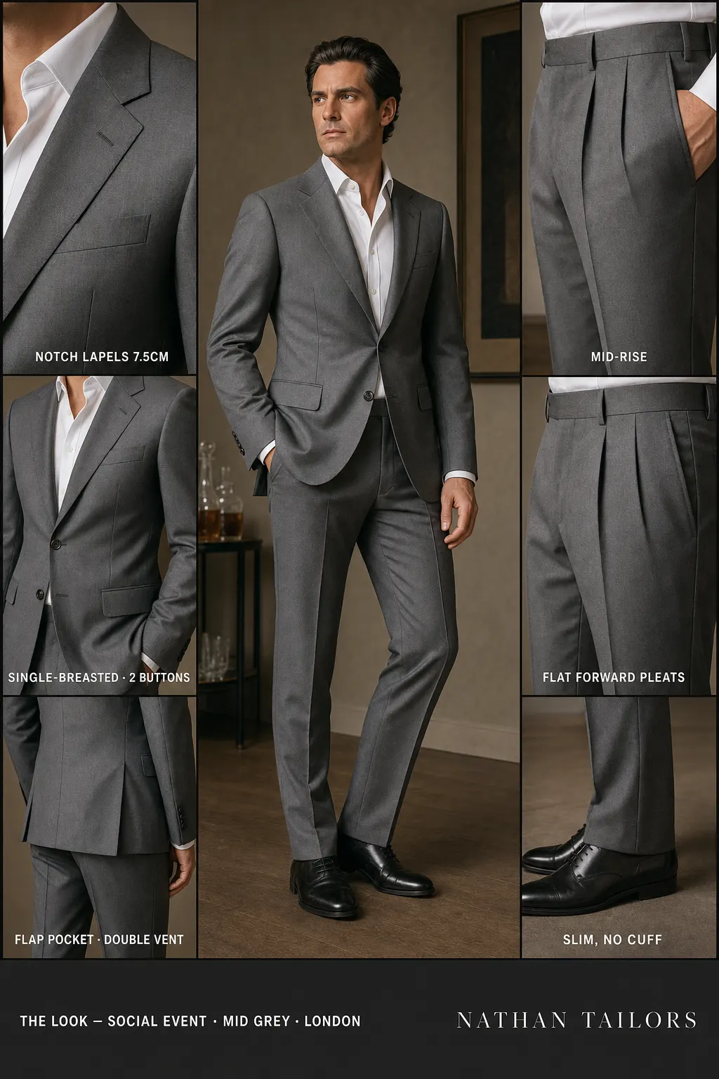 mid grey single-breasted notch-lapel bespoke suit — AI-rendered by Nathan Tailors, the Hoi An custom tailor. Available as a custom tailored suit from $149.