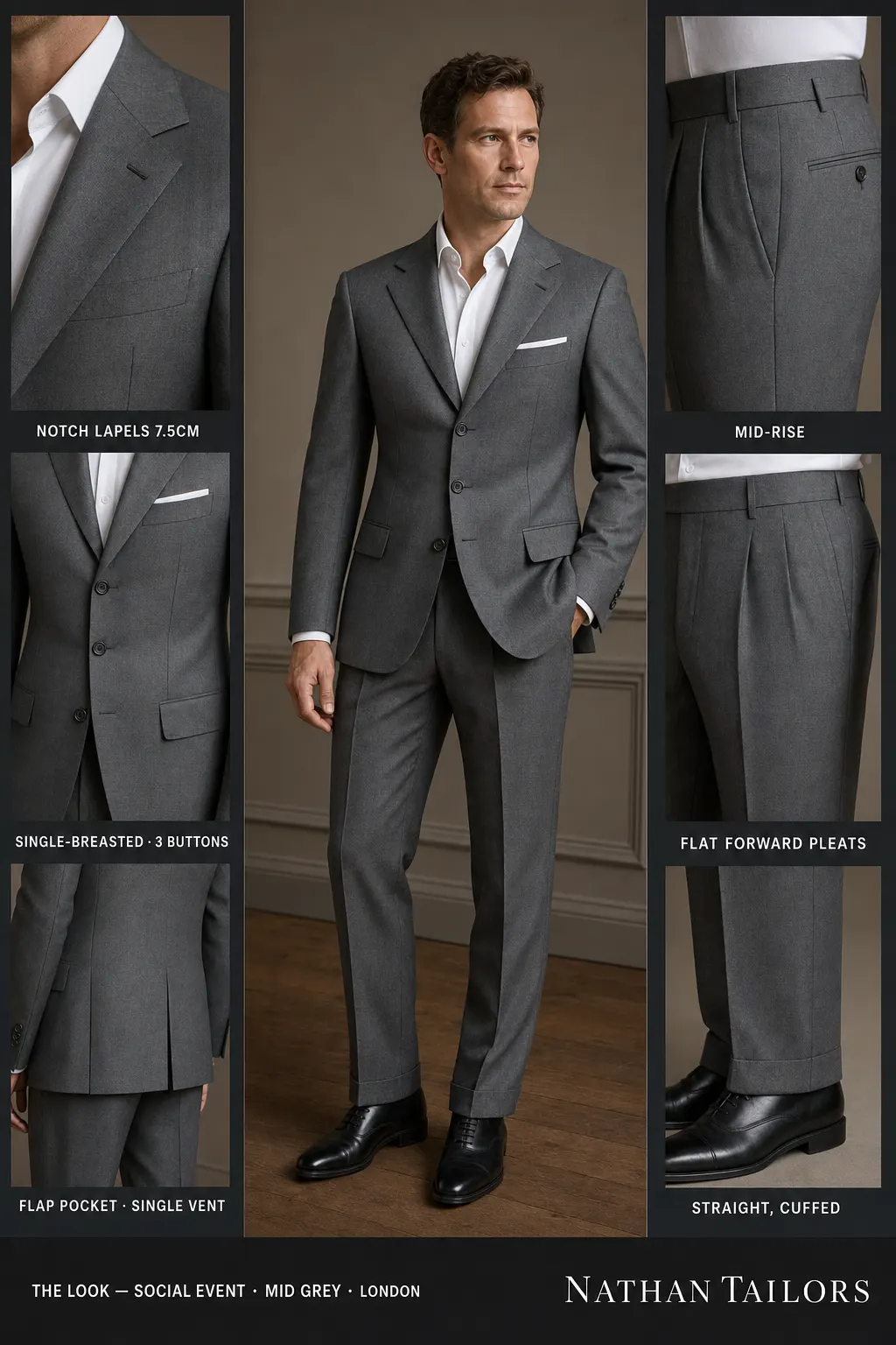 mid grey single-breasted notch-lapel bespoke suit โ AI-rendered by Nathan Tailors, the Hoi An custom tailor. Available as a custom tailored suit from $149.