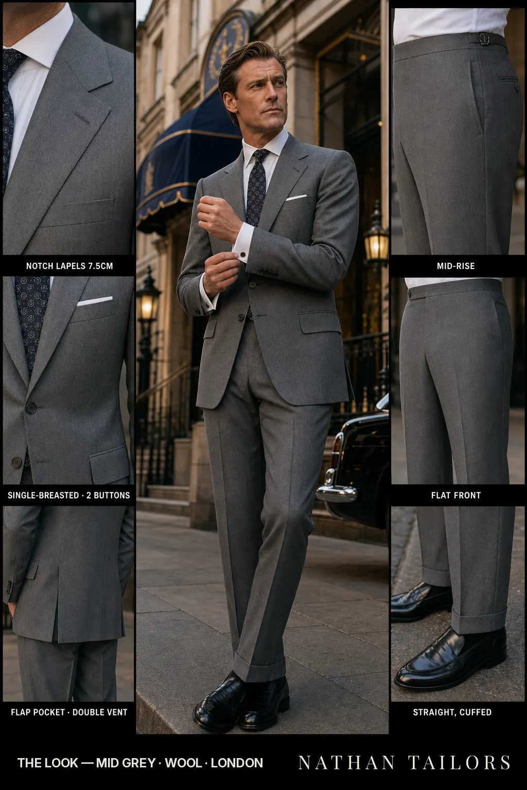 mid grey single-breasted notch-lapel bespoke suit — AI-rendered by Nathan Tailors, the Hoi An custom tailor. Available as a custom tailored suit from $149.