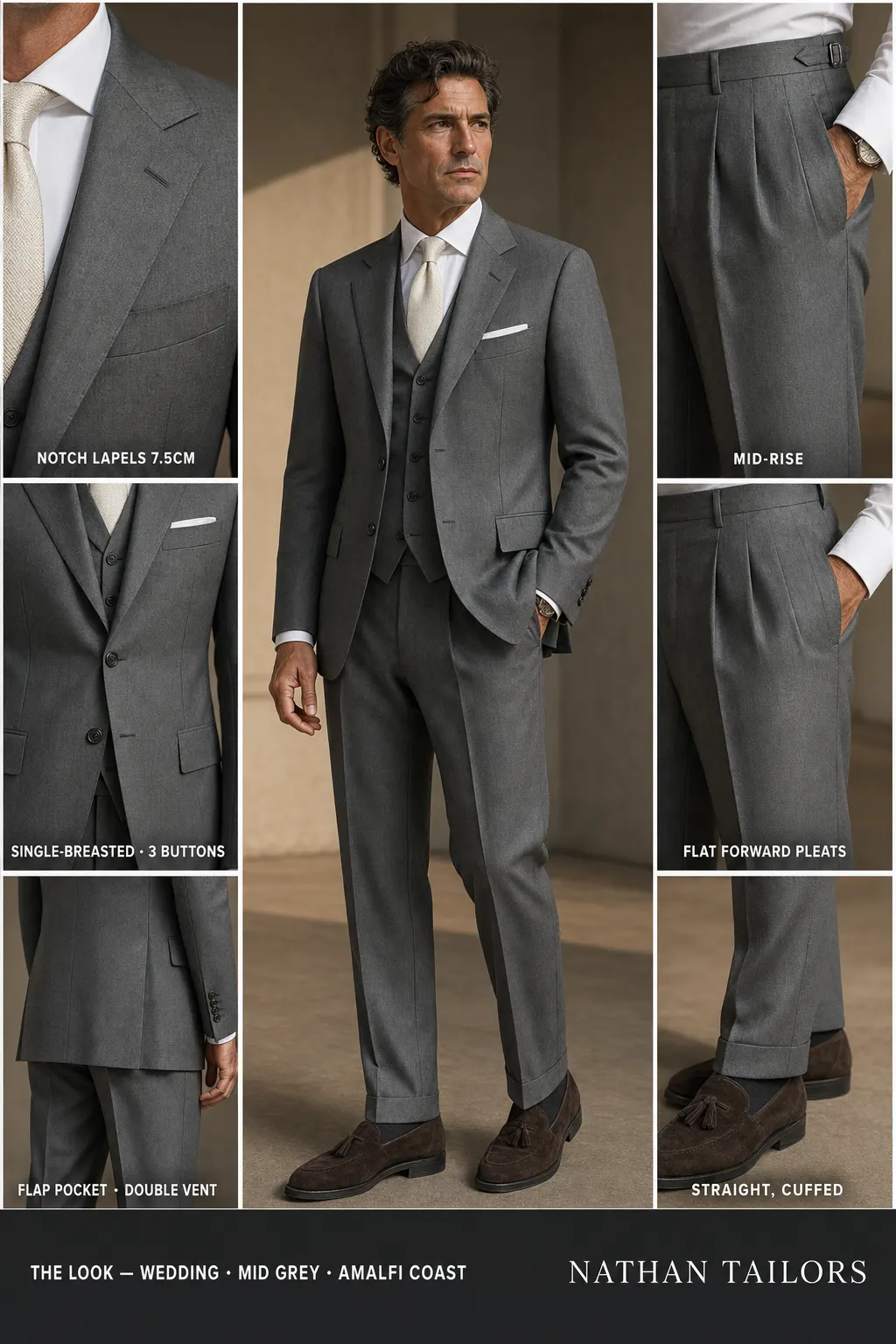 mid grey single-breasted notch-lapel bespoke suit โ AI-rendered by Nathan Tailors, the Hoi An custom tailor. Available as a custom tailored suit from $149.