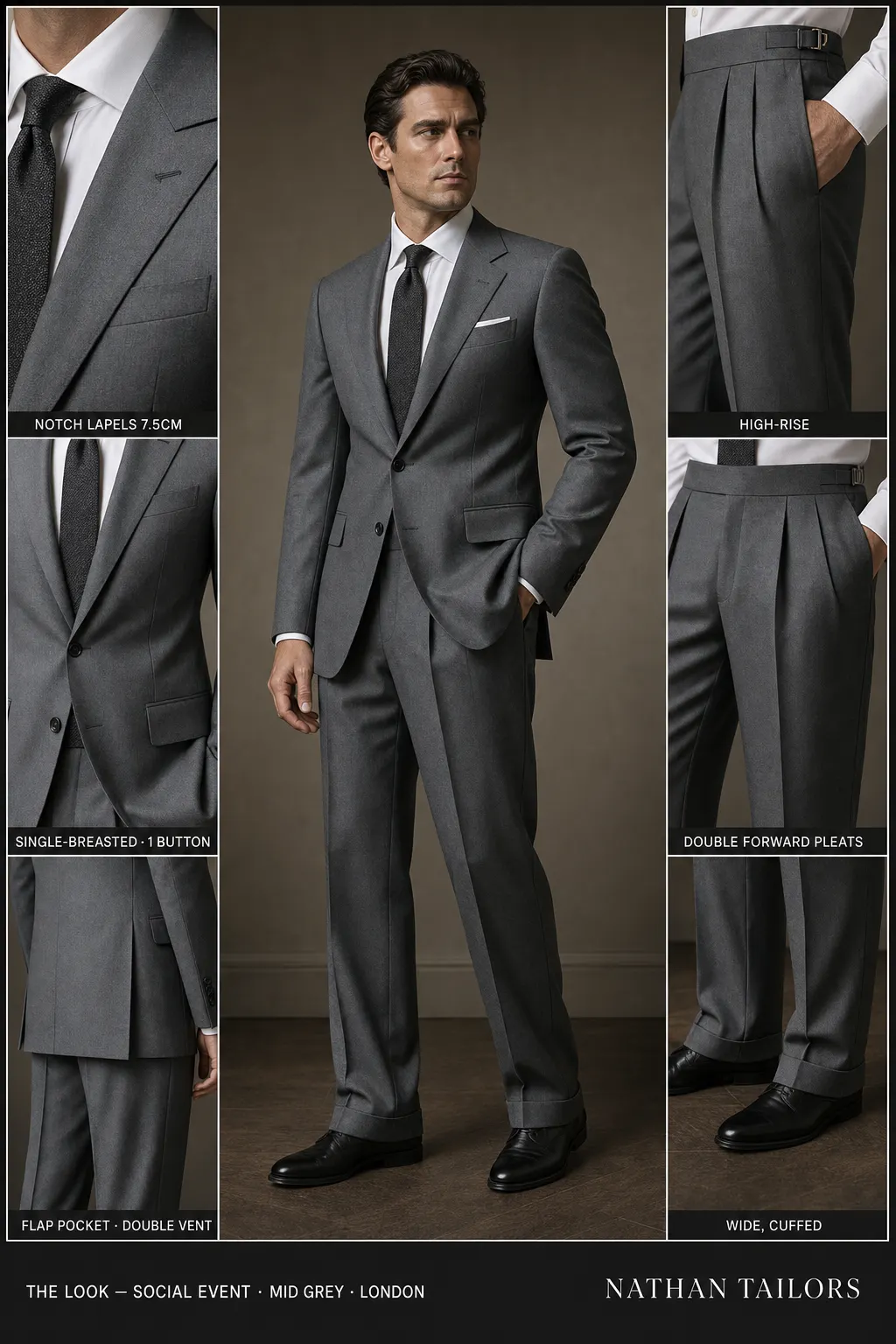 mid grey single-breasted notch-lapel bespoke suit โ AI-rendered by Nathan Tailors, the Hoi An custom tailor. Available as a custom tailored suit from $149.