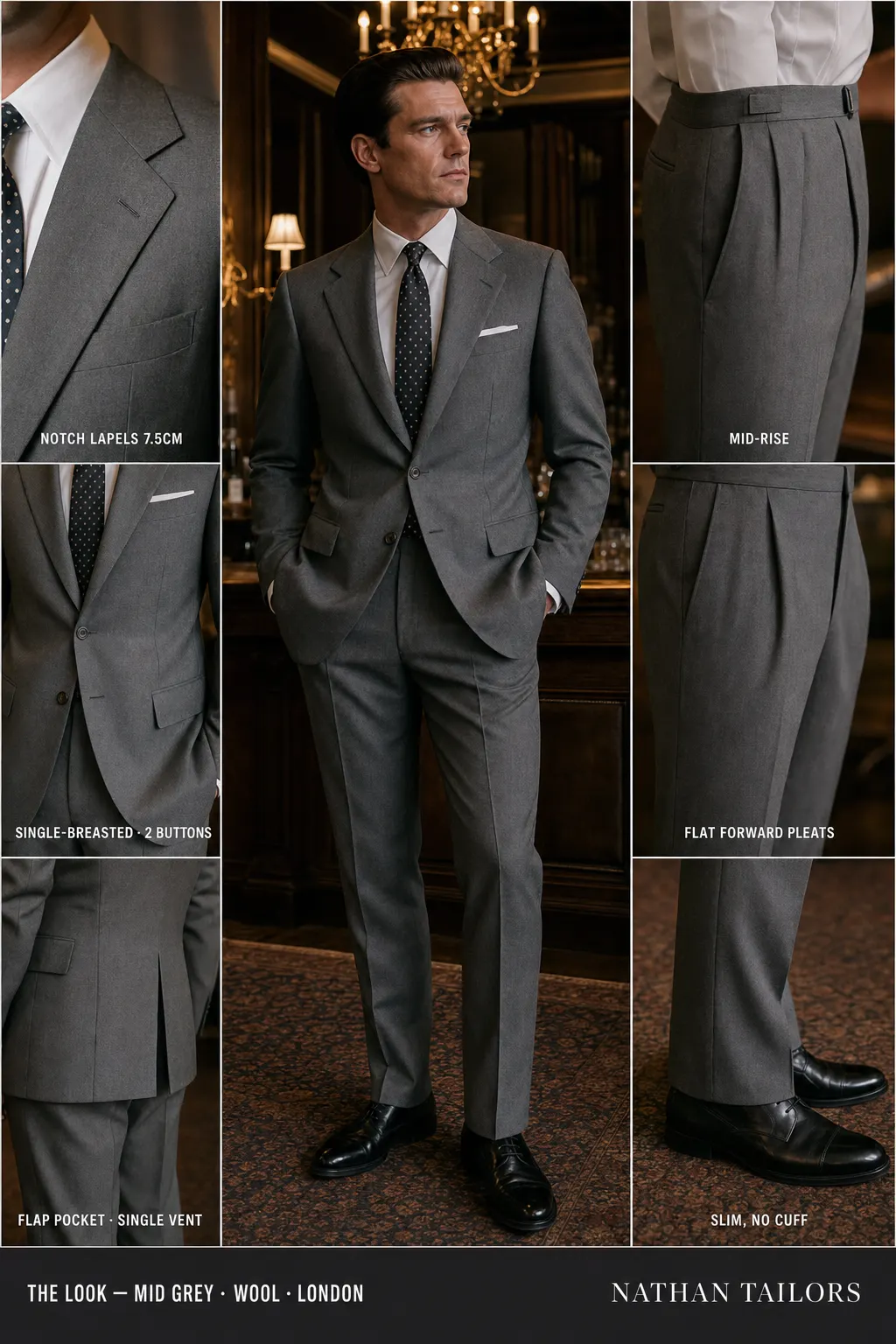 mid grey single-breasted notch-lapel bespoke suit — AI-rendered by Nathan Tailors, the Hoi An custom tailor. Available as a custom tailored suit from $149.
