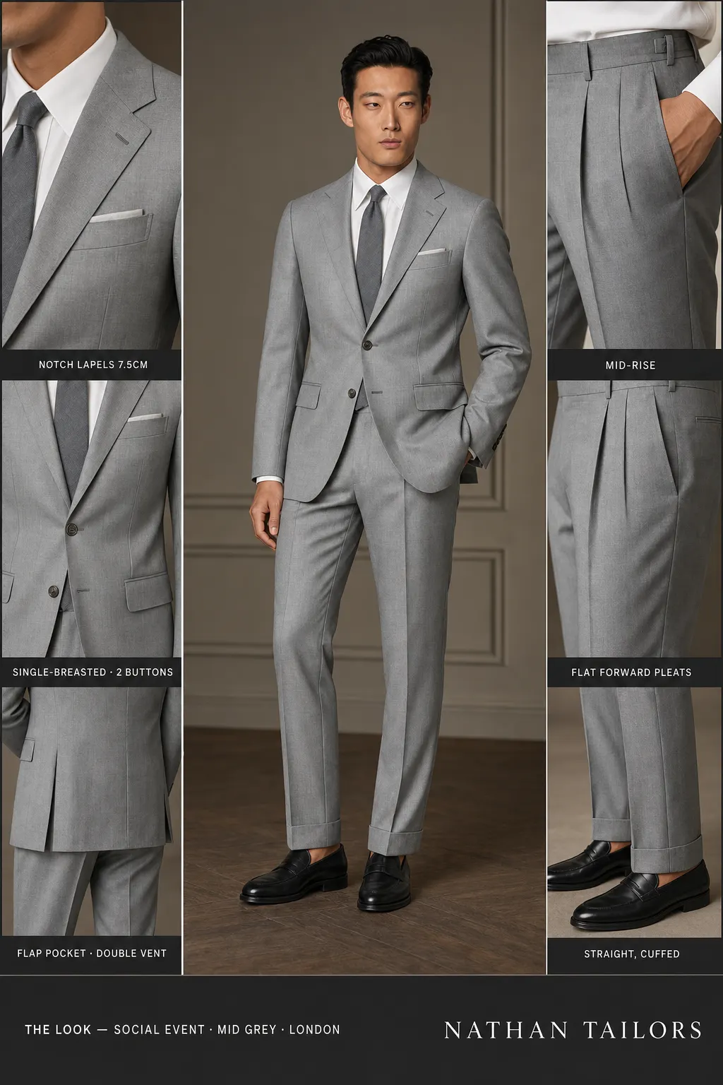 mid grey single-breasted notch-lapel bespoke suit — AI-rendered by Nathan Tailors, the Hoi An custom tailor. Available as a custom tailored suit from $149.