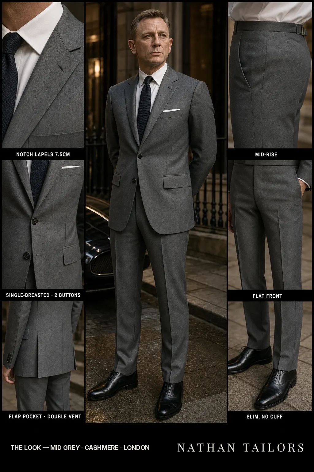 mid grey single-breasted notch-lapel bespoke suit — AI-rendered by Nathan Tailors, the Hoi An custom tailor. Available as a custom tailored suit from $149.