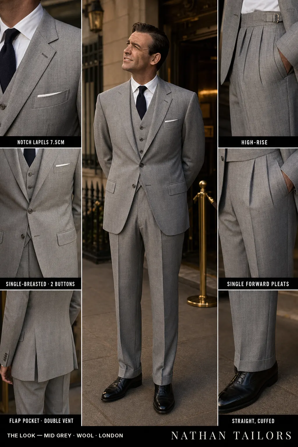 mid grey single-breasted notch-lapel bespoke suit โ AI-rendered by Nathan Tailors, the Hoi An custom tailor. Available as a custom tailored suit from $149.
