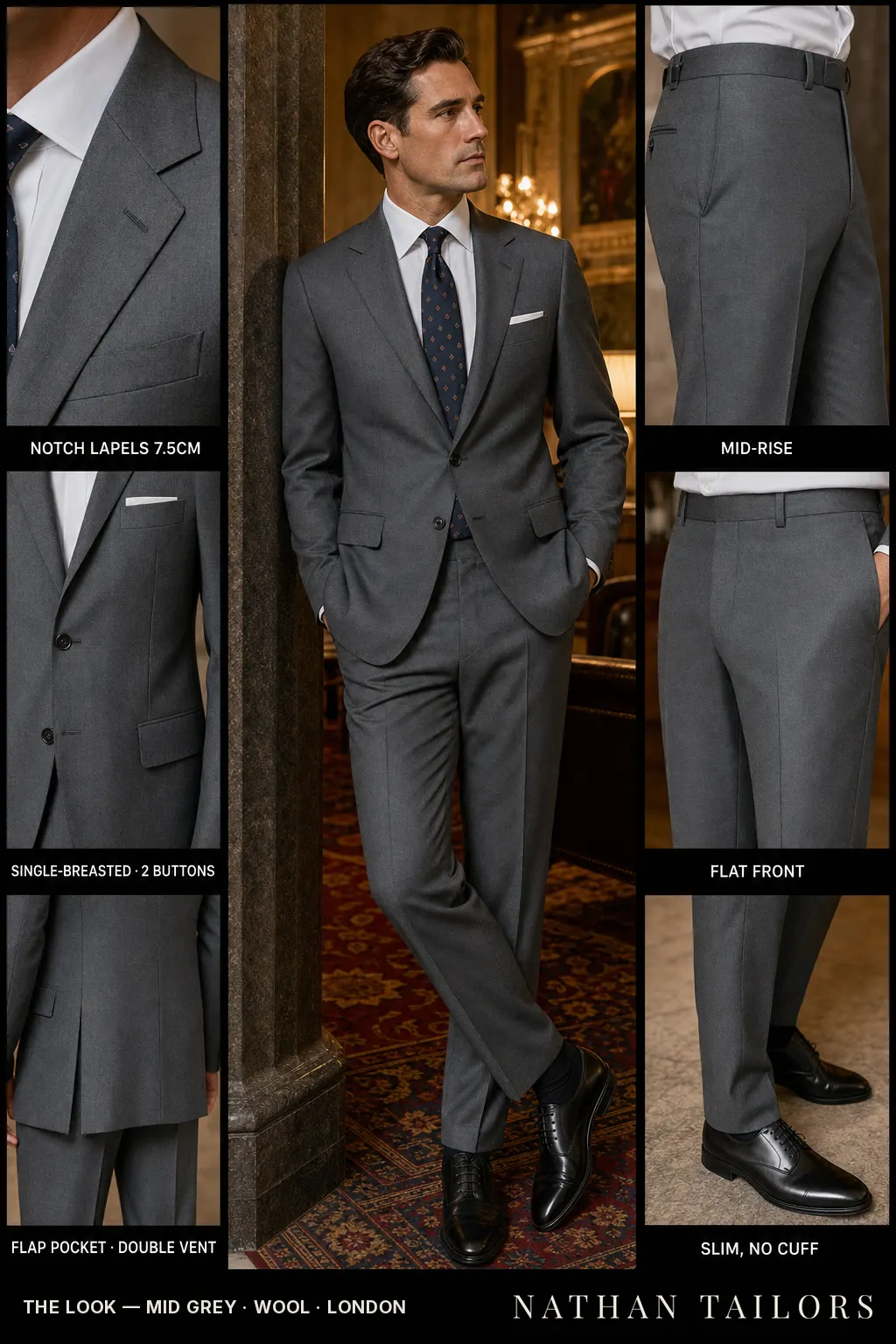mid grey single-breasted notch-lapel bespoke suit — AI-rendered by Nathan Tailors, the Hoi An custom tailor. Available as a custom tailored suit from $149.