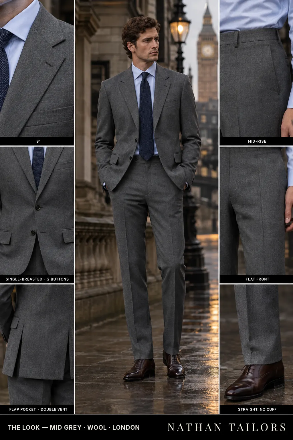 mid grey single-breasted notch-lapel bespoke suit — AI-rendered by Nathan Tailors, the Hoi An custom tailor. Available as a custom tailored suit from $149.