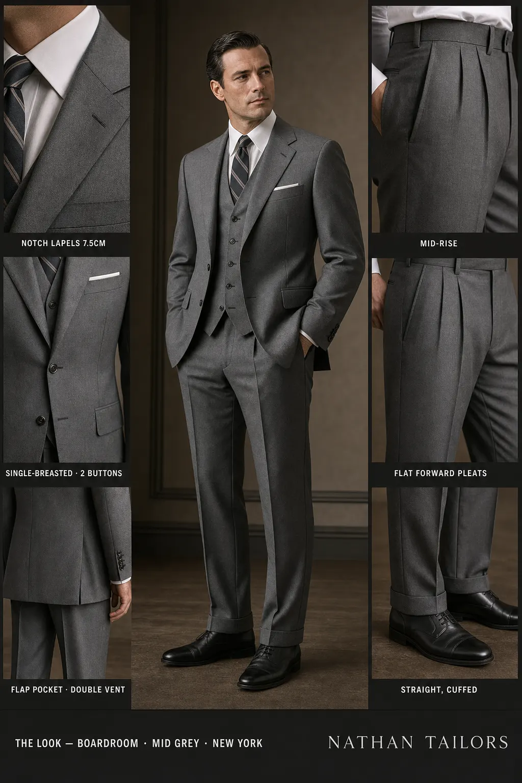 mid grey single-breasted notch-lapel bespoke suit — AI-rendered by Nathan Tailors, the Hoi An custom tailor. Available as a custom tailored suit from $149.