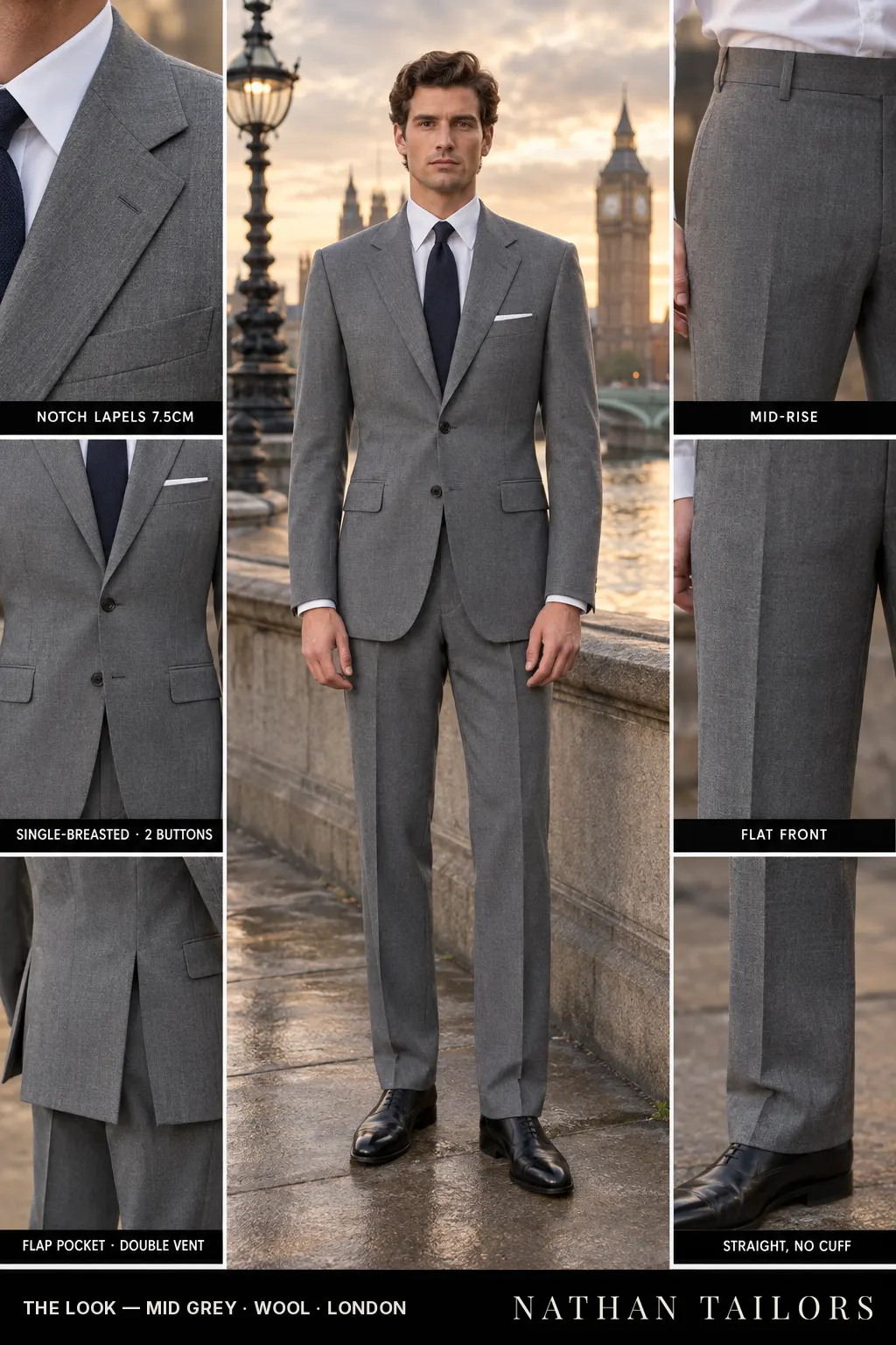 mid grey single-breasted bespoke suit — custom tailored by Nathan Tailors, the Hoi An custom tailor