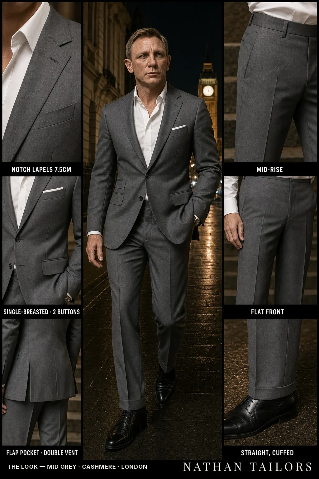 mid grey single-breasted notch-lapel bespoke suit โ AI-rendered by Nathan Tailors, the Hoi An custom tailor. Available as a custom tailored suit from $149.