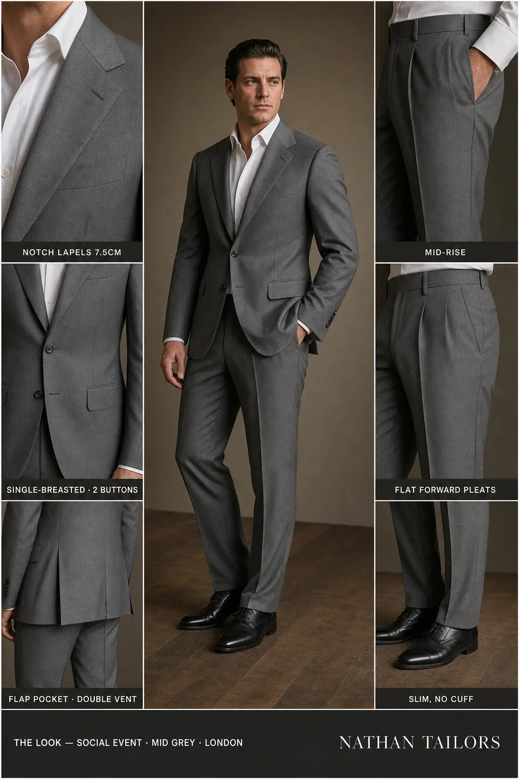 mid grey single-breasted notch-lapel bespoke suit โ AI-rendered by Nathan Tailors, the Hoi An custom tailor. Available as a custom tailored suit from $149.