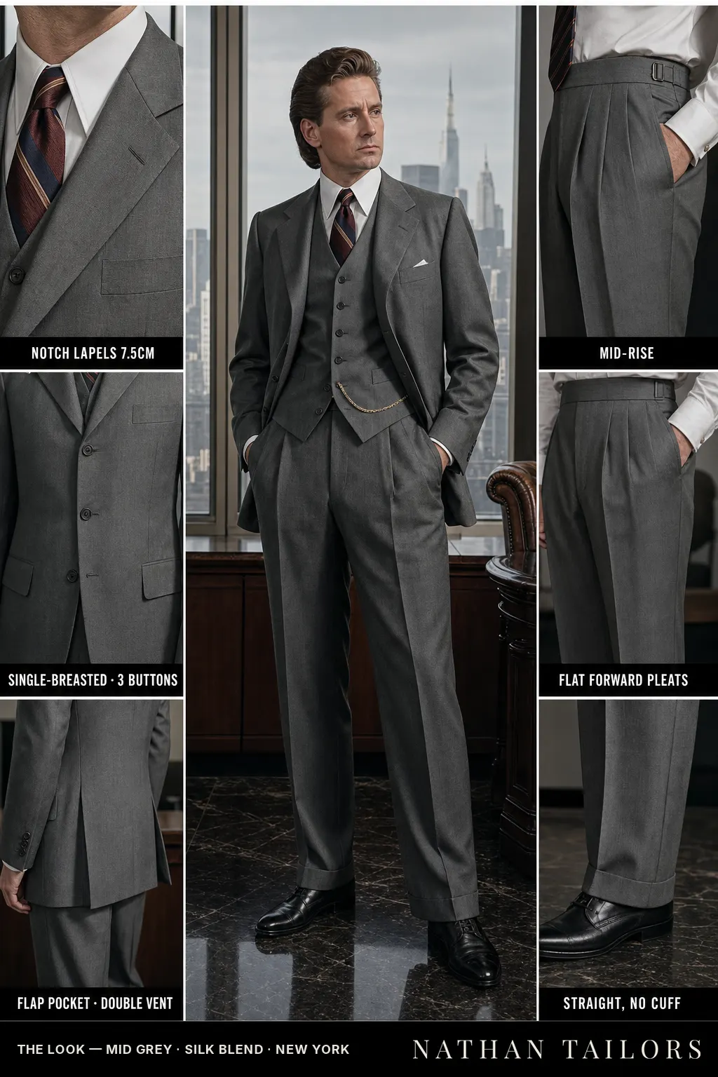 mid grey single-breasted notch-lapel bespoke suit — AI-rendered by Nathan Tailors, the Hoi An custom tailor. Available as a custom tailored suit from $149.