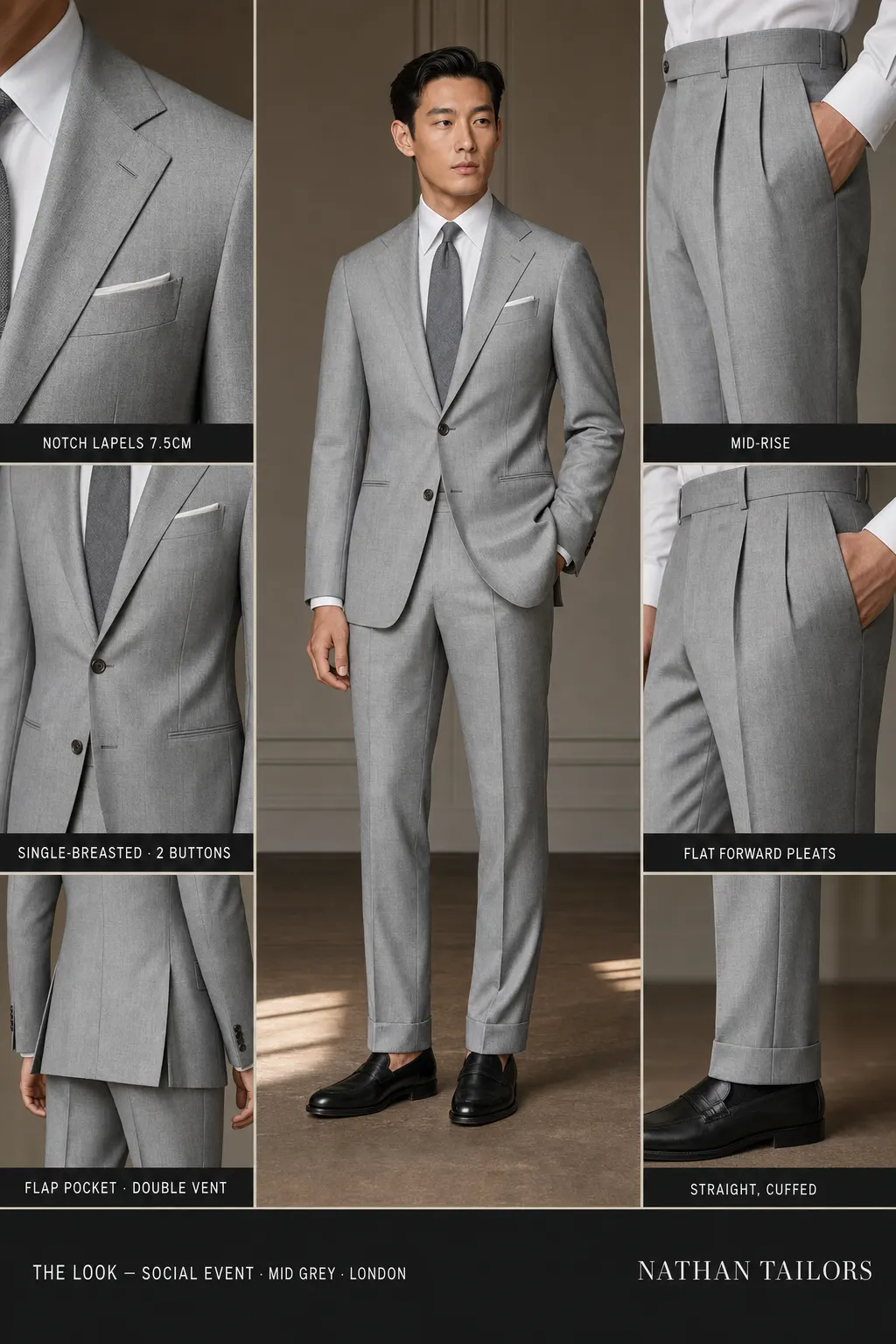 mid grey single-breasted notch-lapel bespoke suit — AI-rendered by Nathan Tailors, the Hoi An custom tailor. Available as a custom tailored suit from $149.