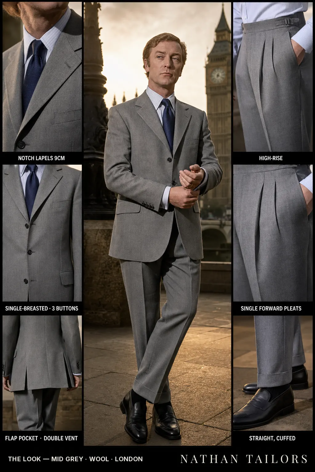 mid grey single-breasted notch-lapel bespoke suit — AI-rendered by Nathan Tailors, the Hoi An custom tailor. Available as a custom tailored suit from $149.