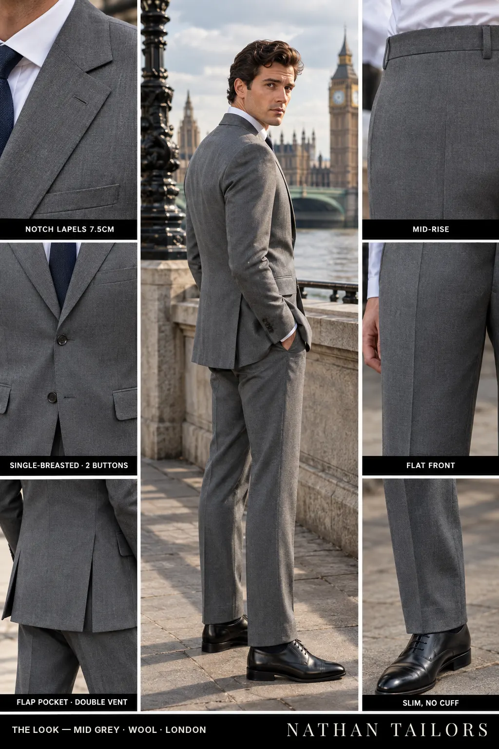 mid grey single-breasted bespoke suit โ custom tailored by Nathan Tailors, the Hoi An custom tailor