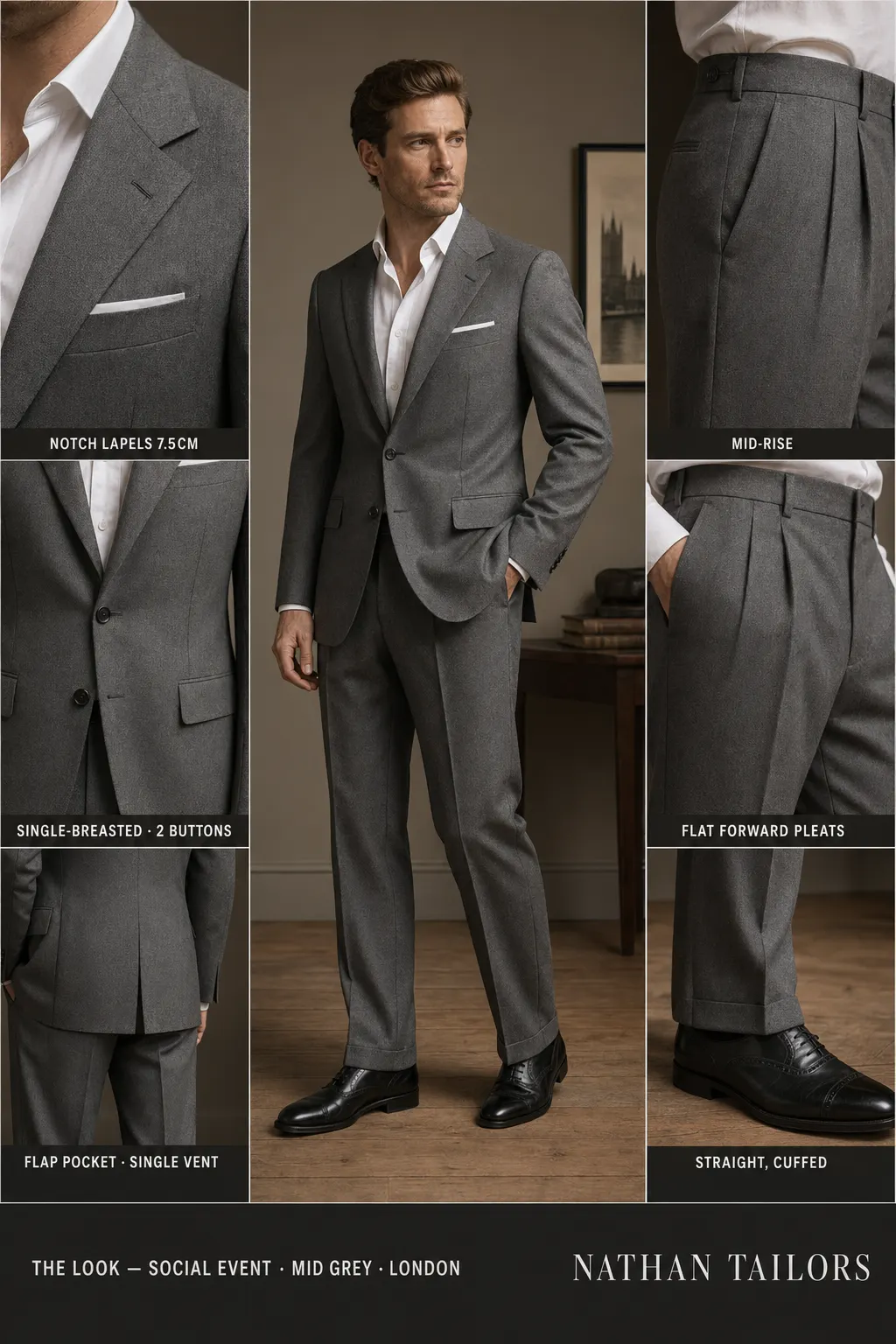 mid grey single-breasted notch-lapel bespoke suit — AI-rendered by Nathan Tailors, the Hoi An custom tailor. Available as a custom tailored suit from $149.