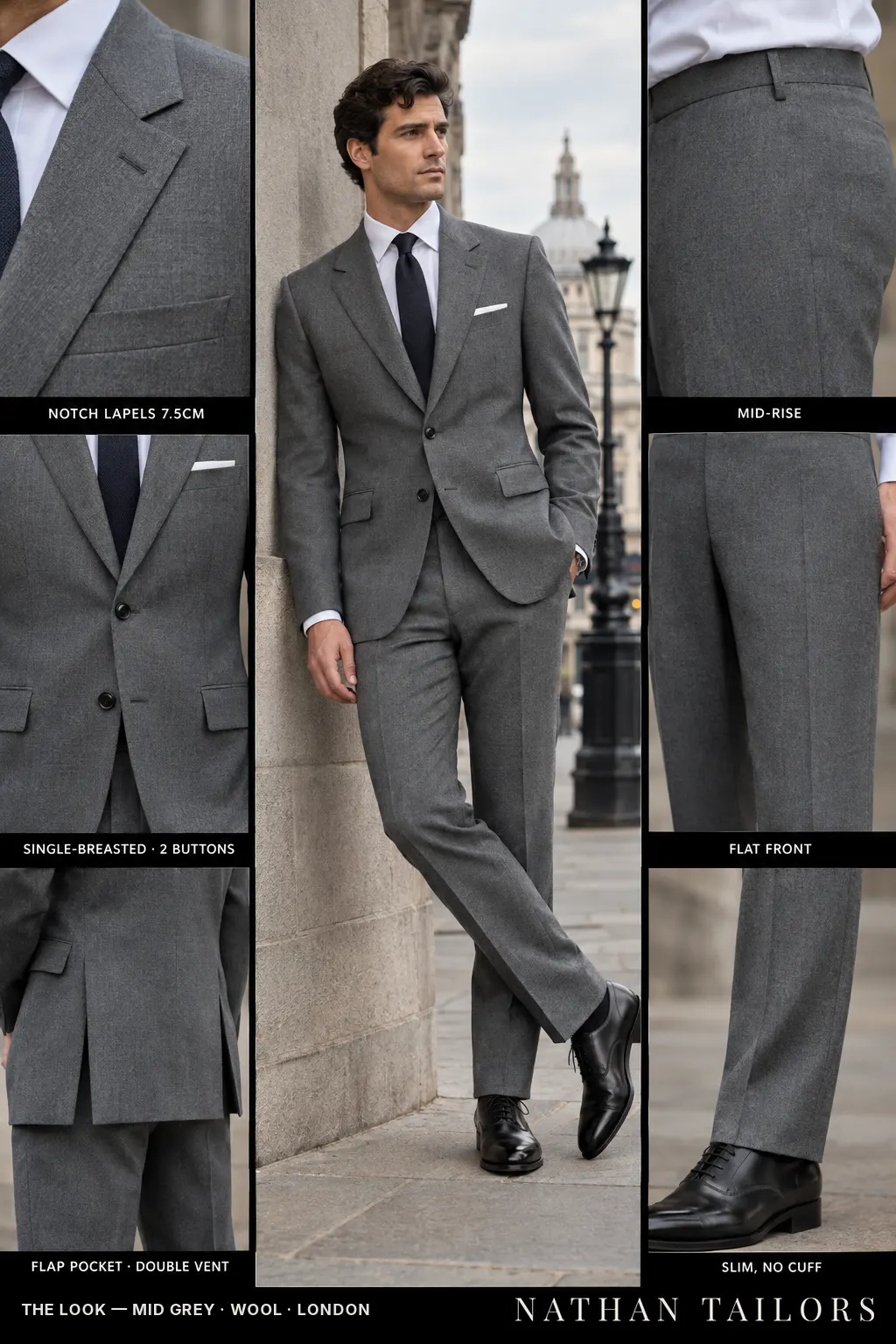 mid grey single-breasted bespoke suit โ custom tailored by Nathan Tailors, the Hoi An custom tailor