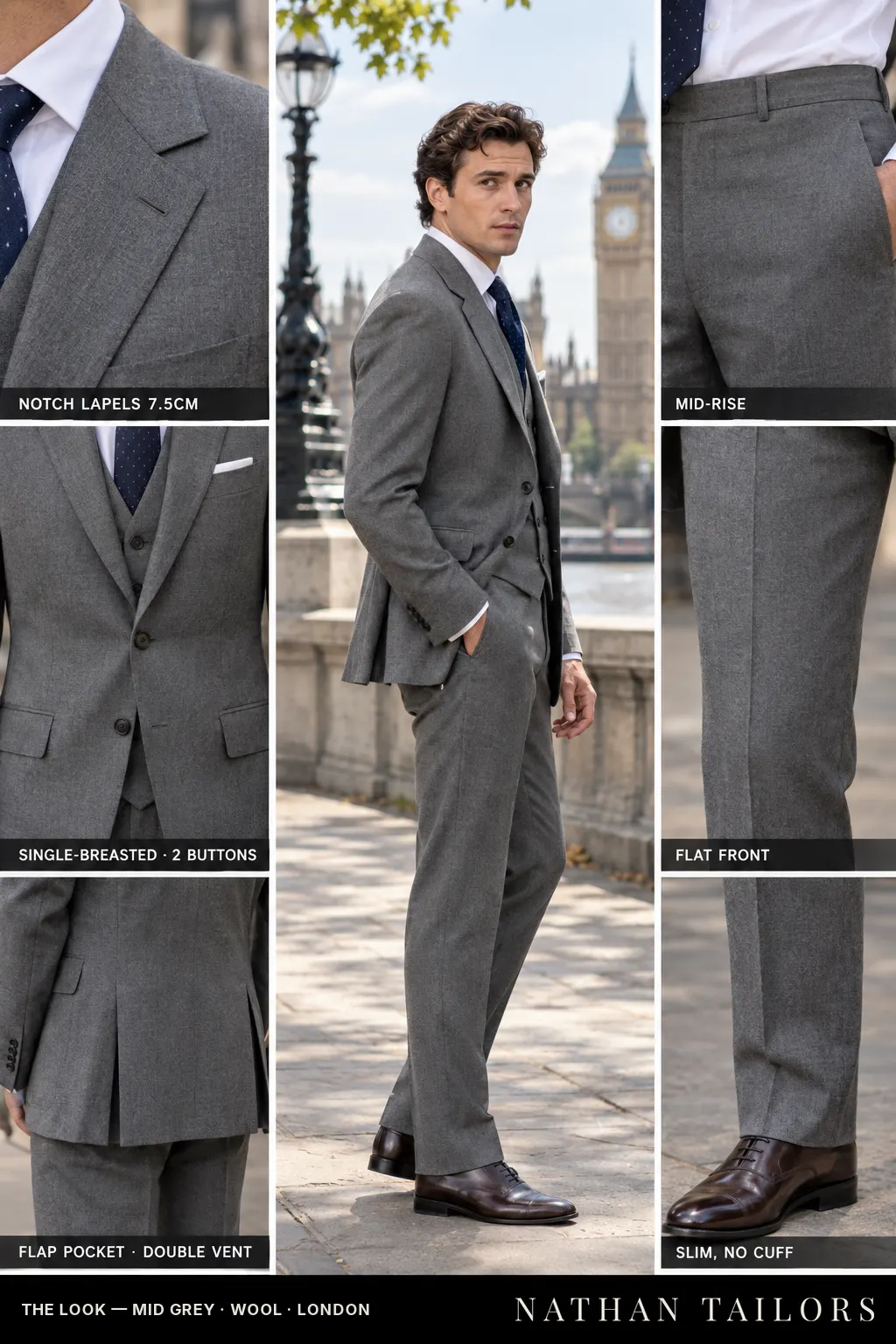 mid grey single-breasted bespoke suit — custom tailored by Nathan Tailors, the Hoi An custom tailor