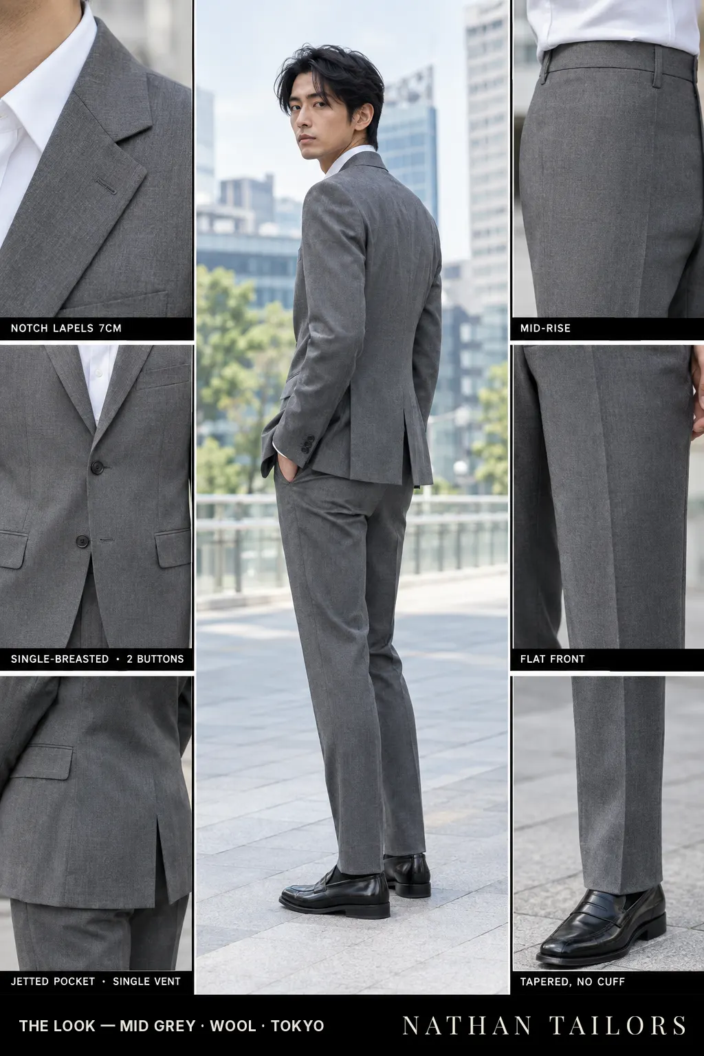 mid grey single-breasted bespoke suit — custom tailored by Nathan Tailors, the Hoi An custom tailor
