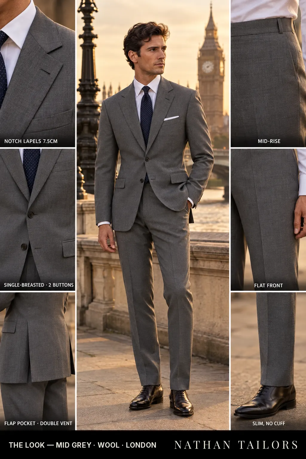 mid grey single-breasted bespoke suit โ custom tailored by Nathan Tailors, the Hoi An custom tailor
