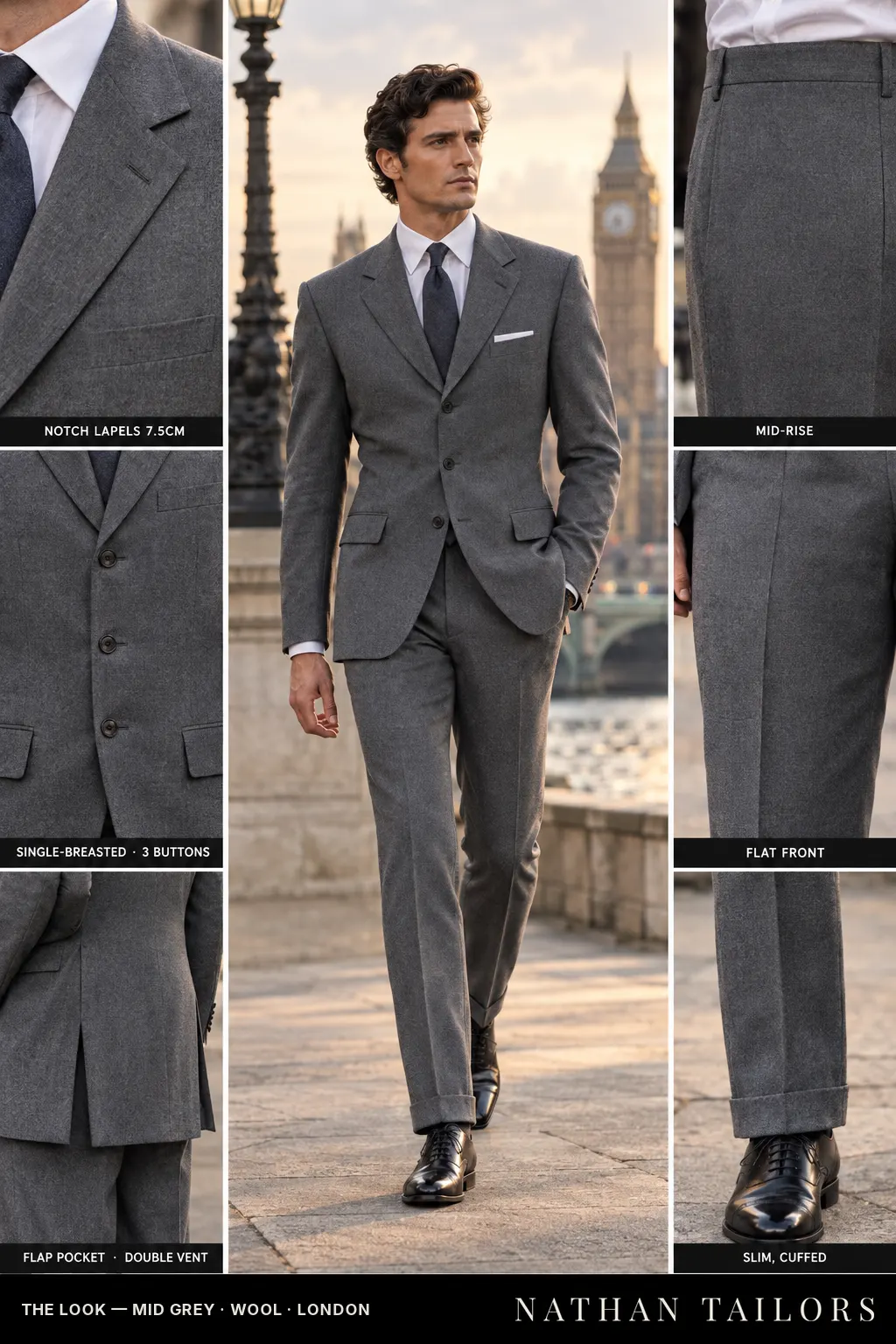 mid grey single-breasted bespoke suit โ custom tailored by Nathan Tailors, the Hoi An custom tailor