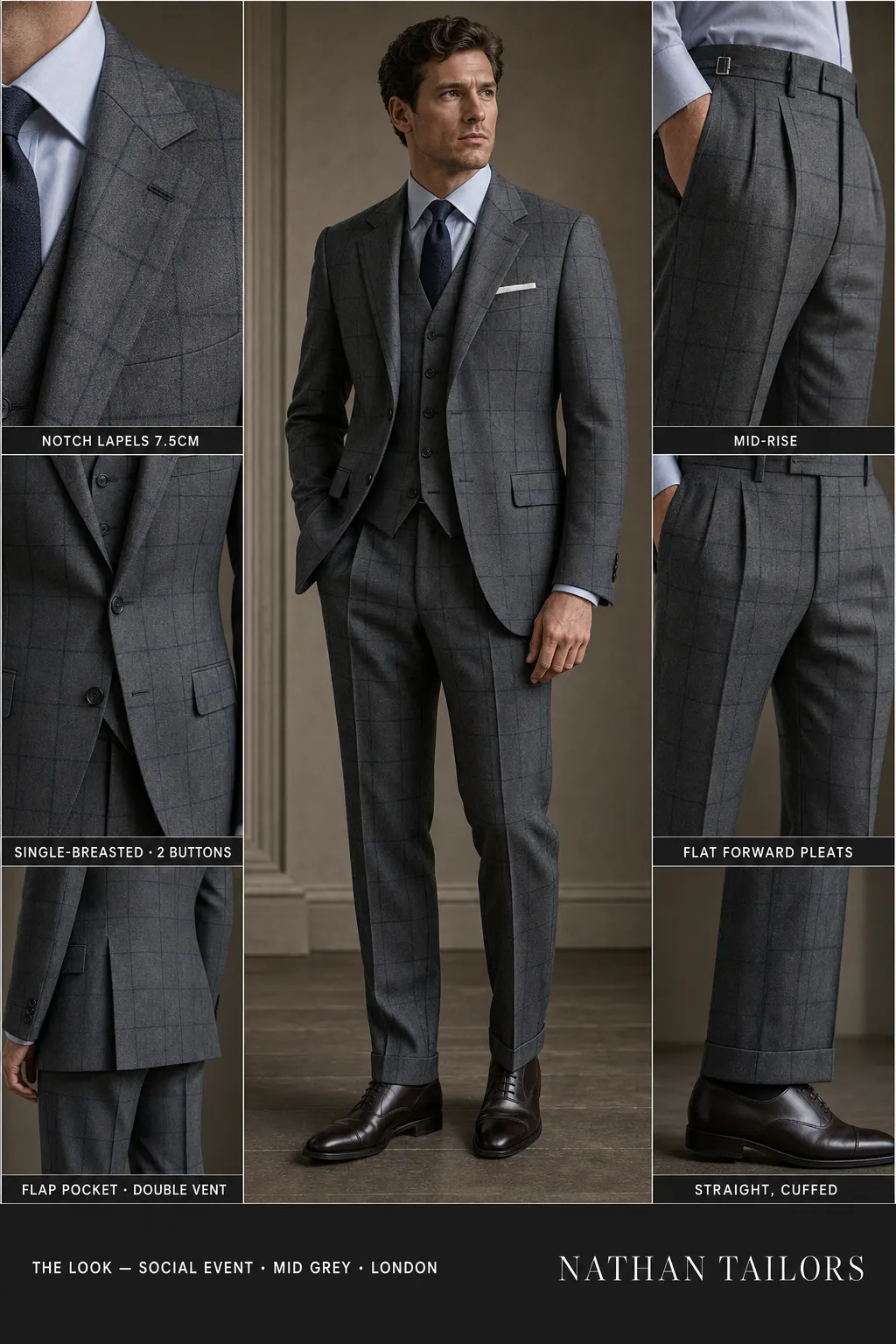 mid grey single-breasted notch-lapel bespoke suit โ AI-rendered by Nathan Tailors, the Hoi An custom tailor. Available as a custom tailored suit from $149.